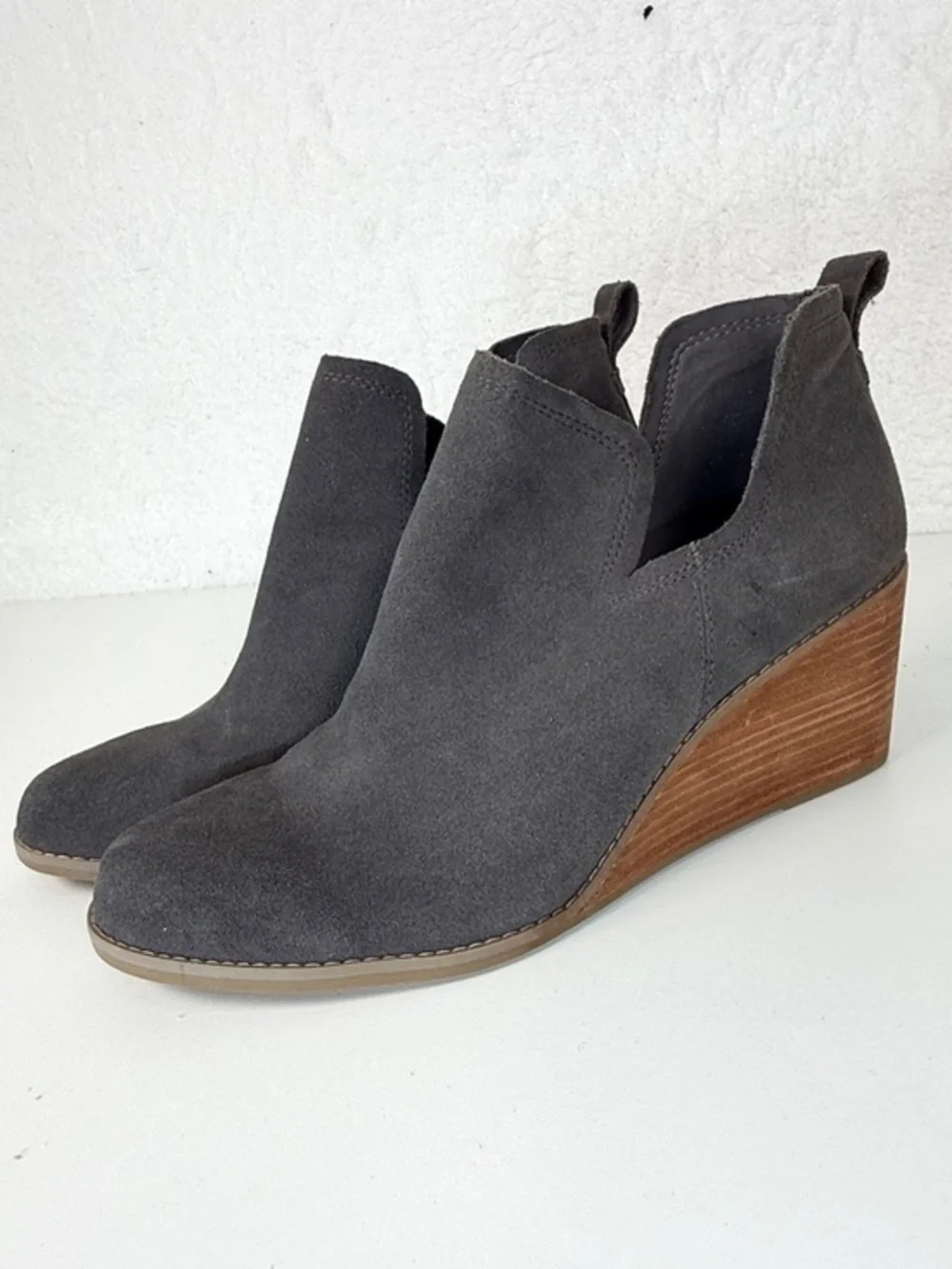 TOMS Gray Suede Wedge Booties Womens 11 Cutout Ankle Boots comfort stylish wedge